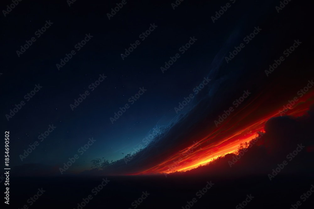 Fototapeta premium Fiery sunset clouds meet starry, deep blue night