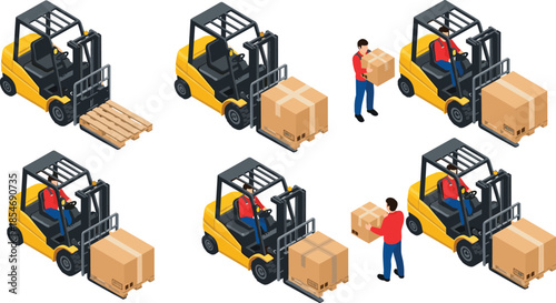 Forklift operation stages, yellow forklift, cardboard boxes, warehouse logistics, driver interaction, package handling, pallet loading, cartoon illustration, transport process