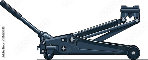 Hydraulic floor jack illustration, automotive lifting tool, mechanical device, heavy load support, repair equipment, industrial machinery, workshop tool