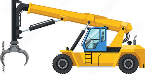 Hydraulic material handler illustration, construction vehicle, extendable arm, grapple attachment, heavy machinery, industrial equipment, lifting tool, site work