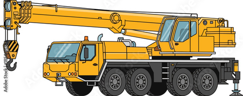 Mobile crane illustration, telescopic boom, truck mounted chassis, lifting hook, heavy machinery, construction equipment, industrial vehicle, engineering tool