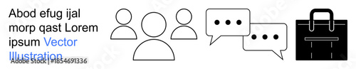 Team collaboration, business meetings, professional communication, group discussion, exchange of ideas, workplace tools. Outlined people, chat bubbles and briefcase icons. Teamwork and communication
