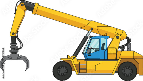 Industrial hydraulic material handler, yellow and blue heavy machine, claw grapple arm, rugged tires, construction equipment, lifting vehicle, industrial machinery