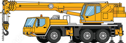 Mobile crane illustration, truck mounted heavy machinery, extendable boom, lifting hook, construction equipment, industrial vehicle, engineering tool, site work