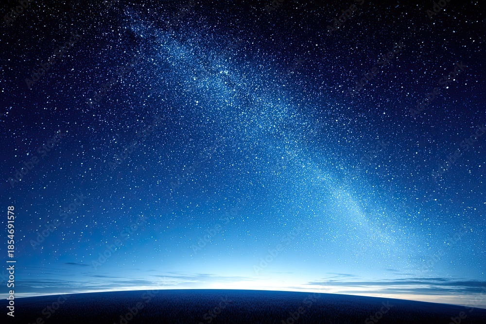 Obraz premium Night sky with brilliant Milky Way galaxy shining over dark horizon