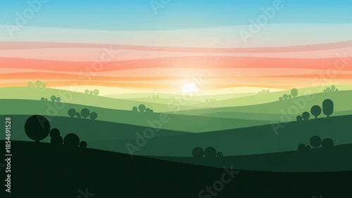 Sunrise Landscape: The vibrant hues of a sunrise paint the sky above rolling hills, casting a serene glow over a tranquil landscape and creating a sense of peace and tranquility.