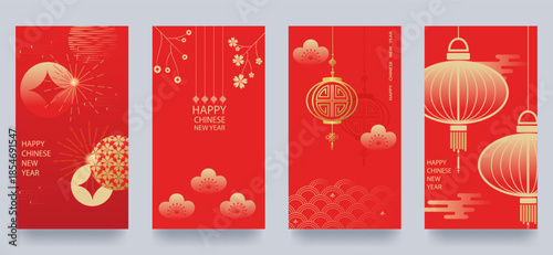 Chinese New Year 2026, Year of the Horse. Set of greeting cards with traditional patterns. Template for festive envelopes. Translation Happy New Year, zodiac sign. Vector