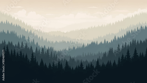 Evergreen Forest Panorama: A sprawling expanse of evergreen forest unfolds across rolling hills, a symphony of layered green tones under a hazy sky.