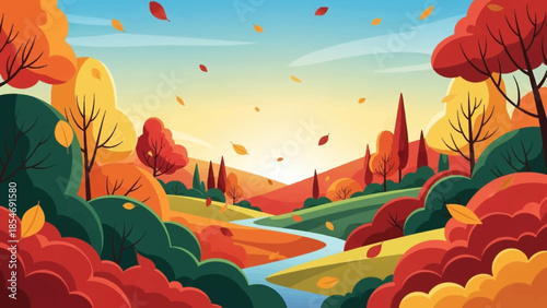 Autumnal Symphony: Witness a captivating autumn landscape illustration with a flowing river and trees shedding their vibrant leaves under a soft sky. 