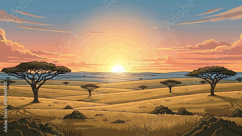 African Sunset: A vibrant illustration captures the essence of an African savanna at sunset, showcasing the sun's radiant descent over the vast landscape and distinctive trees.