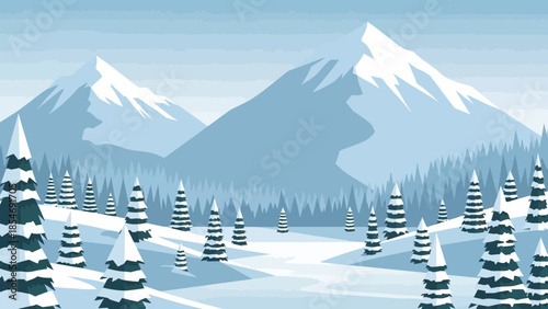 Winter Wonderland: A serene winter landscape unfolds, with snow-covered mountain peaks rising majestically in the distance, while a frosted forest of pine trees occupies the foreground.
