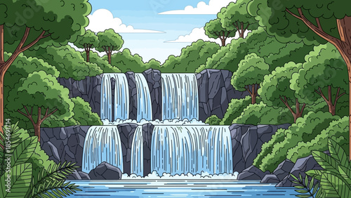 Cascading Waterfalls: A serene illustration of a cascading waterfall flowing gently amidst lush greenery, a calming spectacle of nature.