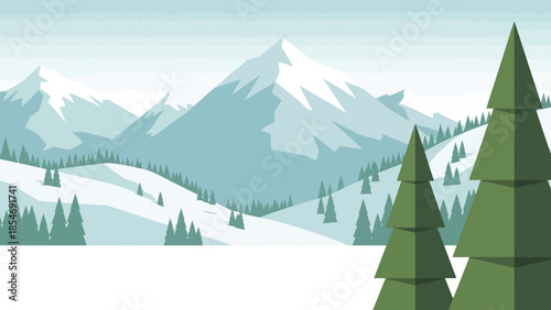 Winter Wonderland: Capturing the serene beauty of a winter landscape, with snow-capped mountains and evergreen trees, perfect for evoking a sense of calm and wonder.