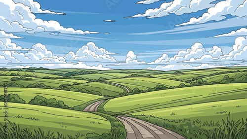 Green Rolling Landscape: Witness the breathtaking beauty of a sun-kissed panorama. Rolling hills stretch into the distance, interwoven by winding roads beneath a dynamic, cloud-filled sky.