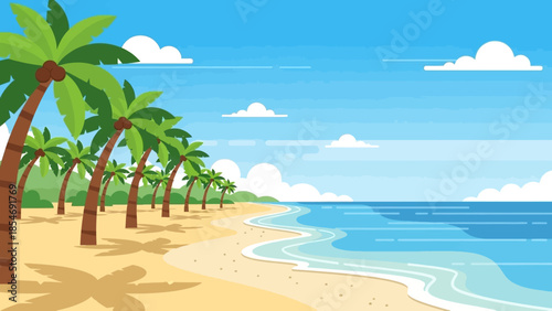 Tropical Beach Paradise: a beautiful beach is lined with palm tree, inviting you to escape to an island oasis and feel the bliss of a perfect summer day.