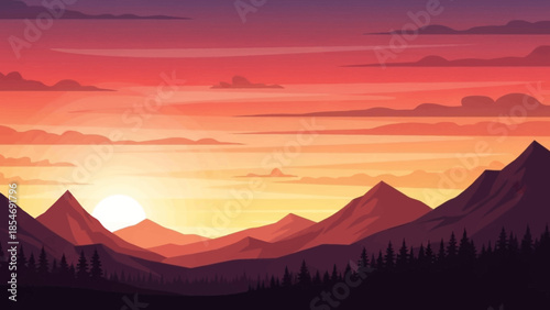 Golden Sunset: A breathtaking landscape painting showcases a serene sunset over a mountain range, where the warm colors paint the sky, evoking a sense of tranquility.