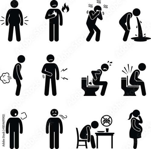 Collection of stick figure icons illustrating various human ailments and discomforts