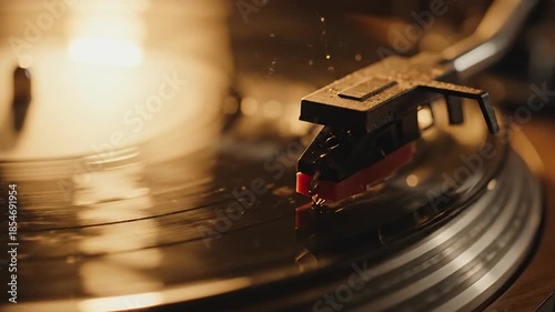 Vinyl record playing on classic turntable in warm lighting