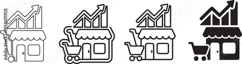 Marketplace growth shop icon set with storefront charts and shopping cart symbols representing ecommerce sales increase profit analytics and seller performance concepts