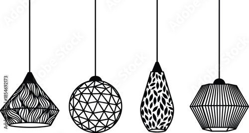Hanging lamps vector design set with decorative lampshades isolated on background.