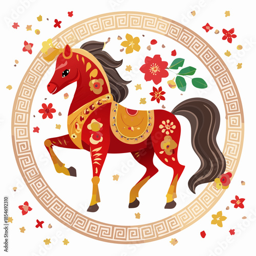Vibrantly Decorated Red Horse Illustration for Cultural Festivities and Auspicious Celebrations, Adorned with Golden Patterns and Blooming Flowers