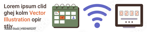 Time management, connectivity, scheduling, technology, digital organization, and productivity. A calendar, a wireless signal and a digital display. Time management and connectivity concepts
