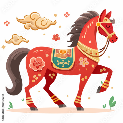 Festive Lunar New Year red horse illustration, showcasing intricate golden details, delicate plum blossoms, and traditional elements, symbolizing good luck and strength for celebrations