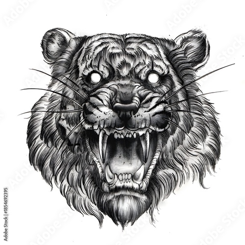 Foto Schizzo a matita fatto a mano di una testa di tigre ruggente