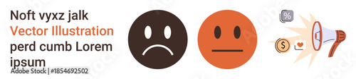 Feedback, emotions, communication, customer service, marketing, review systems. Two faces with sad and neutral expressions, accompanied by loudspeaker and currency icons. Feedback and emotions