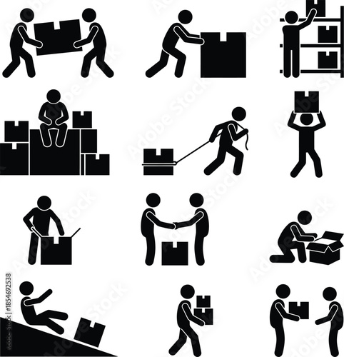 Stick figure icons depicting various actions related to boxes and logistics