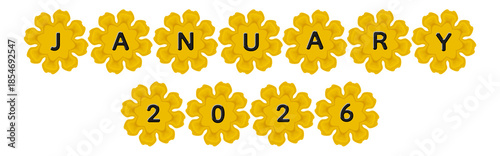 Luxury 3D golden flower design forming the text “January 2026” with bold black letters on transparent background. The elegant floral style is perfect for calendars, planners, social media posts
