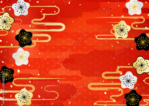 梅の花と日本の伝統模様を組み合わせた華やかな背景イラスト
