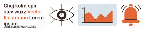 Data analysis, monitoring, alerts, information visualization, technology, communication. Eye symbol with chart and bell. Data analysis and monitoring concept