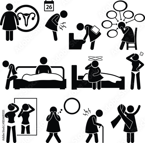 A set of stick figure icons depicting women's health problems and physical discomforts
