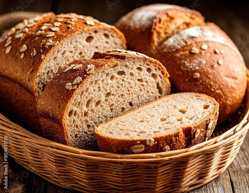 Fresh whole grain bread cut into slices lies in a wicker basket.