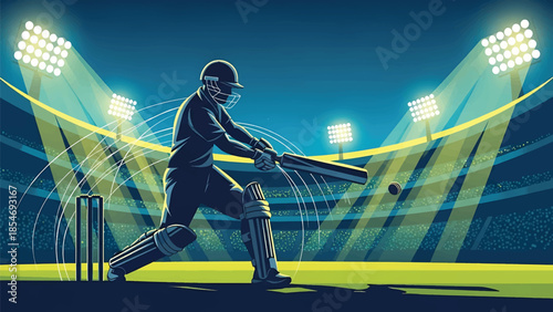 Cricket batsman illustration under stadium lights capturing dynamic action sports competition professional cricket match energy and athletic performance visuals
