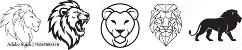Lion logo icon set featuring outline bold geometric minimal and silhouette styles ideal for branding mascots sports teams wildlife identity and modern logo design projects