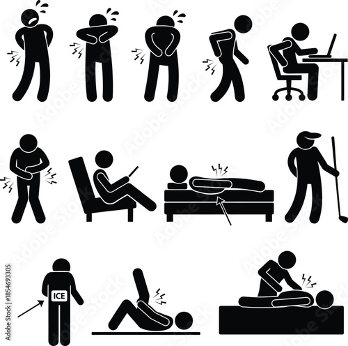 Stick figures showing different types of back pain and treatment options