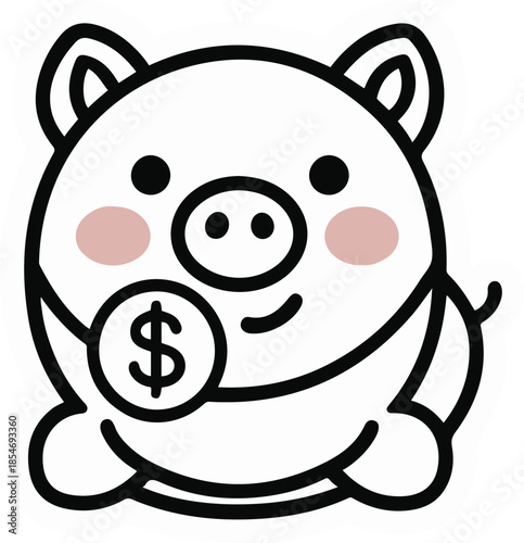 Happy piggy bank with coin, finance concept sticker, clean flat illustration, bold outline, transparent background 2