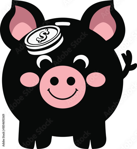 Happy piggy bank with coin, finance concept sticker, clean flat illustration, bold outline, transparent background 1