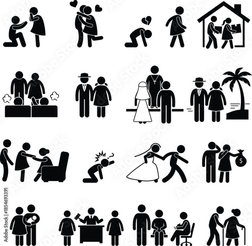 Pictogram set representing the different stages of a couple's journey from proposal to old age