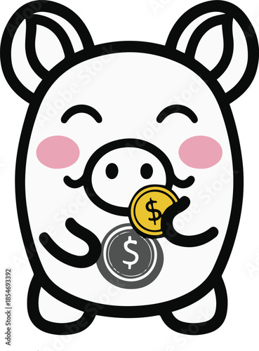 Happy piggy bank with coin, finance concept sticker, clean flat illustration, bold outline, transparent background