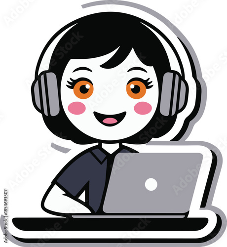 Cartoon student attending online class with headphones and laptop, modern education theme, flat vector sticker style, bold outline, transparent background 1.