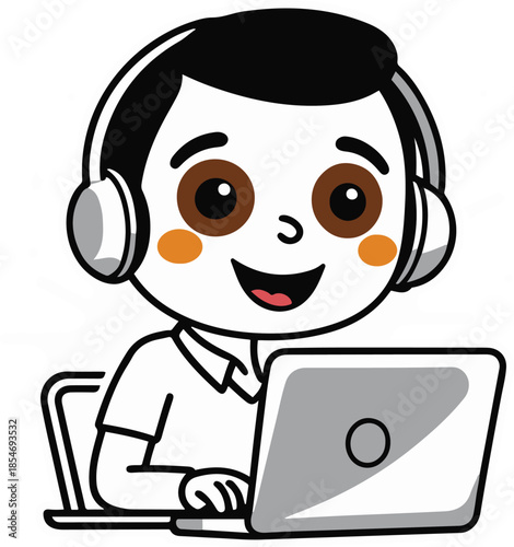 Cartoon student attending online class with headphones and laptop, modern education theme, flat vector sticker style, bold outline, transparent background