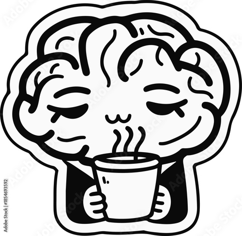 Cute cartoon brain with tired eyes and coffee cup, mental focus theme, modern sticker illustration, bold outline, transparent background 1