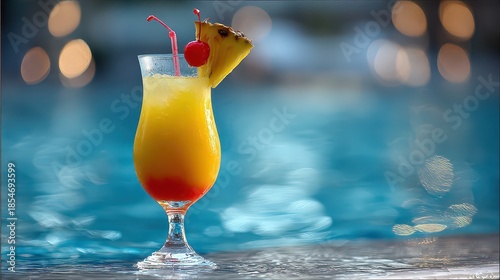 Tropical Cocktail With Pineapple Slice and Cherry Garnish by Poolside in Soft Lighting With Blurred Bokeh Backdrop
