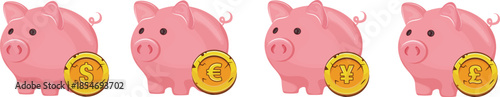 set of colored icons of a pink piggy bank with gold coins with currency symbols near the piggy bank, for thematic designs on the topic of business, banking and finance