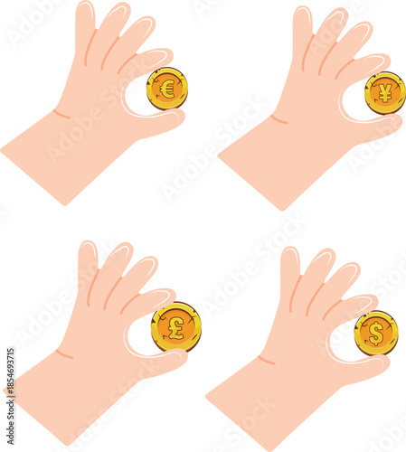 set of icons of human hands holding various gold coins with different currency symbols between their fingers, for thematic designs on the topic of business, banking and finance
