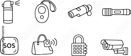 set of icons with tools and means for self-defense, namely a gas canister, a panic button and others in line art style