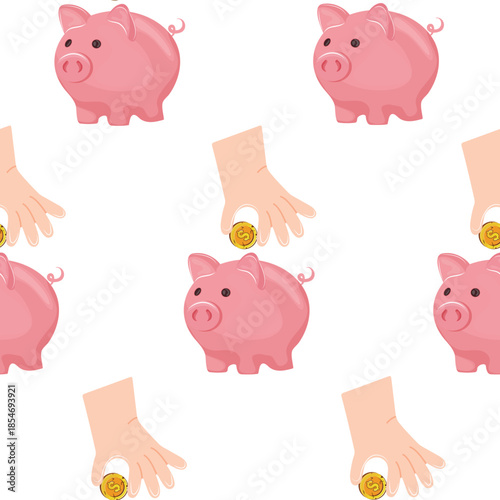 pattern with icons of a pink piggy bank and a hand throwing a gold coin into a piggy bank for storing money, for thematic designs on the topic of business, banking and finance